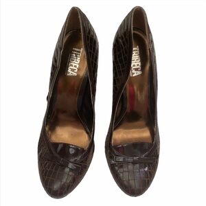 Tribeca Faux Crocodile Embossed Stack Heels 9M